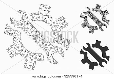 Mesh Wrench And Gear Tools Model With Triangle Mosaic Icon. Wire Frame Triangular Mesh Of Wrench And