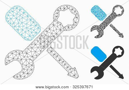 Mesh Tools Model With Triangle Mosaic Icon. Wire Carcass Triangular Mesh Of Tools. Vector Mosaic Of 