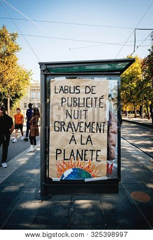 Strasbourg, France - Sep 21, 2019: Advertising Destroys Planet Banner During Argest Worldwide Climat