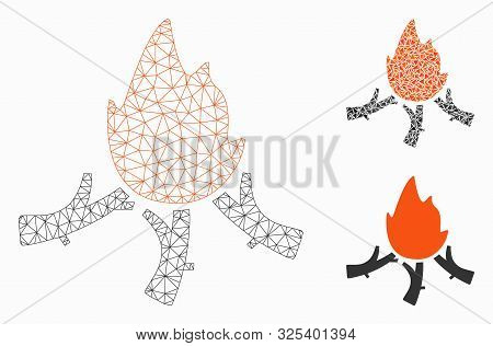 Mesh Wood Campfire Model With Triangle Mosaic Icon. Wire Frame Polygonal Network Of Wood Campfire. V
