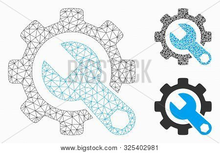 Mesh Service Tools Model With Triangle Mosaic Icon. Wire Frame Triangular Mesh Of Service Tools. Vec