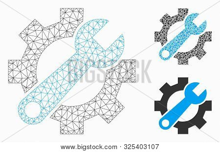 Mesh Service Tools Model With Triangle Mosaic Icon. Wire Frame Triangular Network Of Service Tools. 
