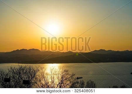 Sunset Time In Mt. Hakodate ( Hakodate-yama ) Observation Deck. Visitor Can Enjoy Views Of Urban Are