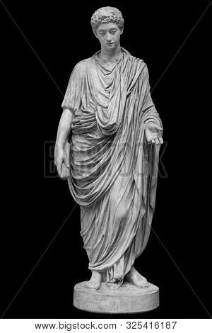 Young roman emperor Commodus statue isolated over black background. Lucius Aurelius Commodus reign is commonly considered to mark the end of the golden period in the history of the Roman Empire