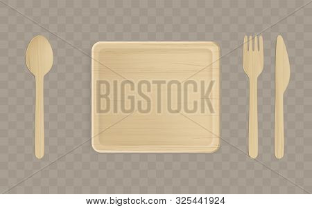 Disposable Wooden Plate, Fork, Spoon And Knife Top View, Single-use Tablewear Isolated On Transparen