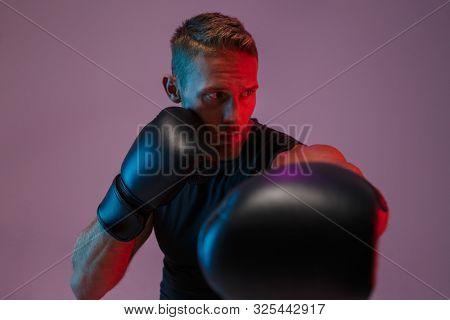 Image of a handsome strong young sports man boxer posing isolated over neon lights in gloves make boxing exercises.