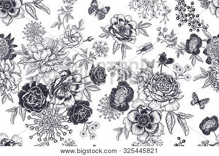 Vintage Seamless Pattern. Bouquets Of Garden Flowers, Beetles And Butterflies. Beautiful Garden Peon