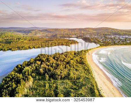Early Morning Light Over Coastal Beaches And River On Nsw South Coast