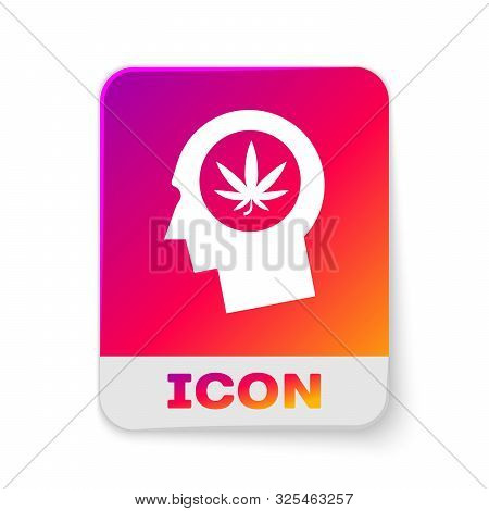 White Silhouette Of Male Head In Profile With Marijuana Or Cannabis Leaf Icon Isolated On White Back