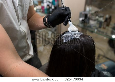 Hairdresser Applying On Wet Brown Brunette A Cream Masking.stylist With Brush In Hand Applying Natur