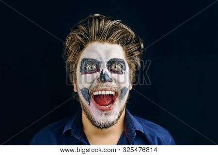 Masked Man Of The Day Of Death On Halloween, Laughing, Disheveled Hair