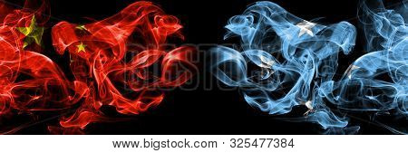 China Vs Micronesia, Micronesian Smoke Flags Placed Side By Side. Thick Colored Silky Smoke Flags Of