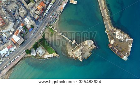 City Sea Side Top View | Saida Castle Monuments Aerial Shot