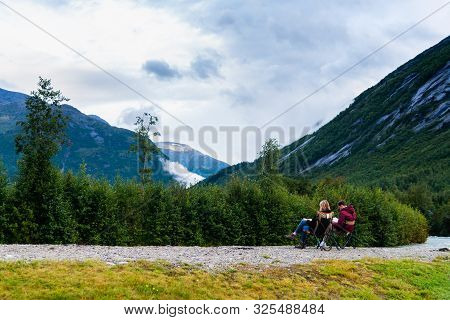 Jostedal Norway - Aug 19, 2019:scenic View From Jostedal Camping Area On The Stream Jostedala And No