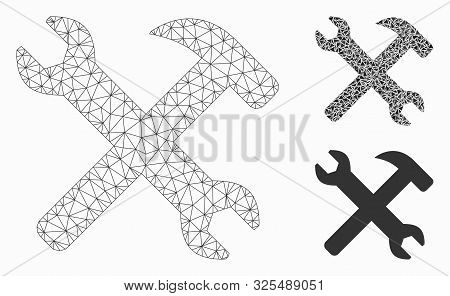Mesh Wrench And Hammer Tools Model With Triangle Mosaic Icon. Wire Frame Triangular Mesh Of Wrench A