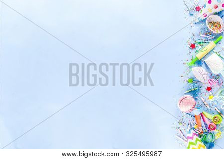 Sweet Baking Concept For Birthday Holiday Party, Cooking Background With Baking Stuff - Rolling Pin,