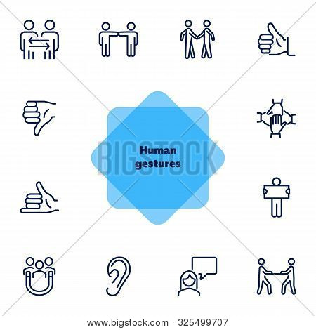 Human Gestures Line Icon Set. Set Of Line Icons On White Background. Ear, Talking, Dialogue. Communi