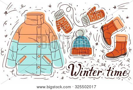 Color Vector Hand Drawn Illustration Of Winter Clothes For Girls. Set Of Doodle Style Elements. Wome