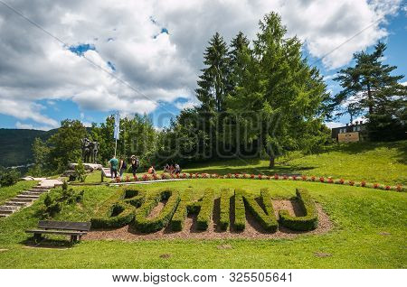 Bohinj, Slovenia - July 15, 2019: Text Bohinj In The Meadow In Slovenia
