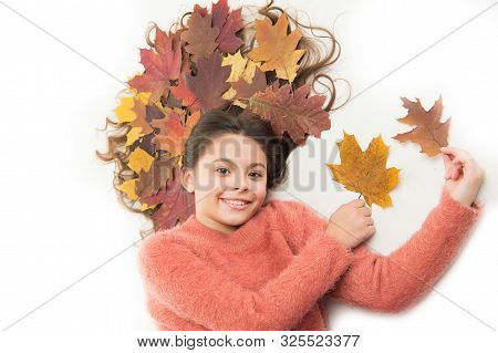 Hair Care In Autumn. Prevent Dry Split Hair Ends. Child Enjoy Fall Season. Girl Cute Kid Long Hair L