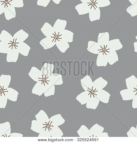 Simple White Flower Blossoms Gray Background Vector Seamless Pattern