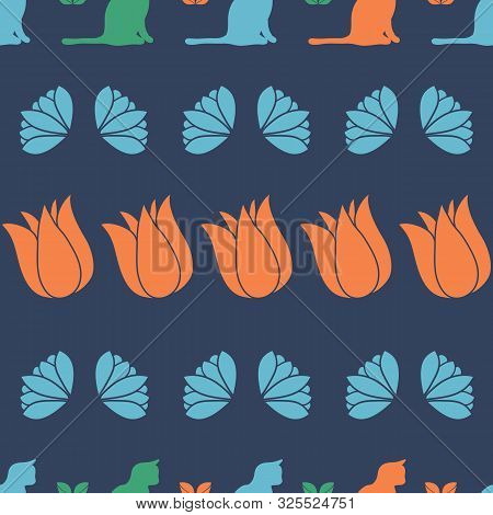 Floral Cat Silhouette Rows Vector Seamless Pattern Design