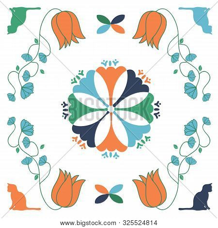 Cat Folk Art Quilt Square Vector Seamless Repeat Pattern