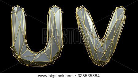 Letter set U, V made of realistic 3d render silver color. Collection of gold low polly style alphabet isolated on black background