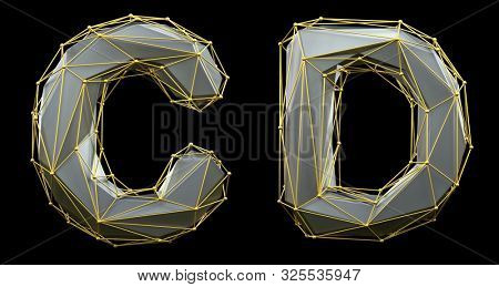 Letter set C, D made of realistic 3d render silver color. Collection of gold low polly style alphabet isolated on black background