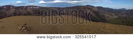 Beautiful Scenic Panorama Of Colorful Volcanic Mountains In Landmannalaugar From Top Of Brennisteins