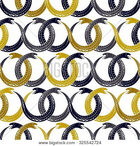Repeat Snakes Seamless Vector Pattern, Tiling Endless Background With Venom Reptiles In Vintage Styl