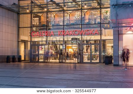 Krakow, Poland - July 26, 2019: Entrance To Galeria Krakowska Shopping Mall In The Evening.