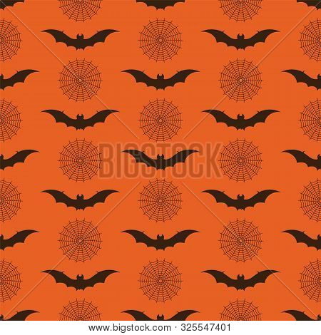 Halloween Vector Background With Bats And Spiderwebs In Orange And Black. Seamless Pattern For Fabri