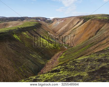 Colorful Rhyolit Mountain Panorma With Multicolored Volcanos And Small Creek In Landmannalaugar Area