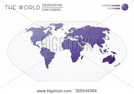 Polygonal Map Of The World. Eckert V Projection Of The World. Purple Shades Colored Polygons. Trendi