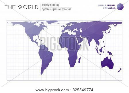 Triangular Mesh Of The World. Cylindrical Equal-area Projection Of The World. Purple Shades Colored