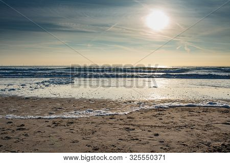 North Sea Summer Beach In Sunset Light, Soft Collors, View From Land