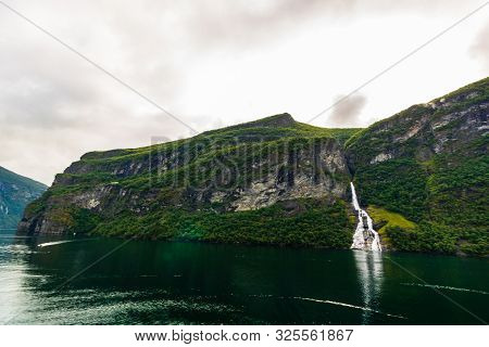 The Suitor, A Waterfall In Geiranger Fjord, Norway, Opposite To The Seven Sisters Waterfall.