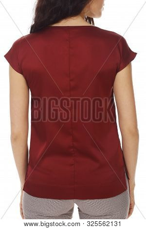 Magenda Silk Summer Sleeveless Blouse On Model Close Up Photo Isolated On White