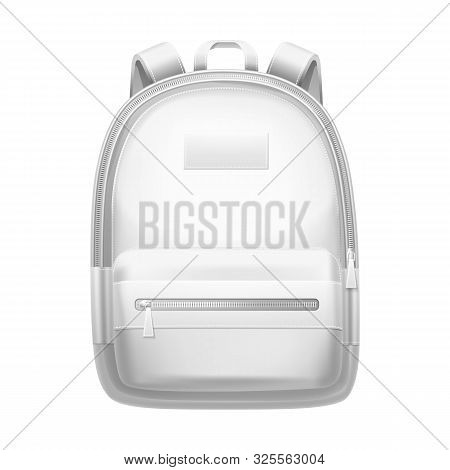 White Backpack, School Bag, Vector 3d Realistic Isolated Mockup Template. Modern Silver Gray Fashion