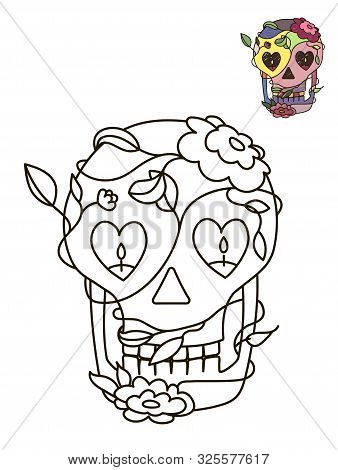 Vector Monochrome Decorative Illustration For Halloween. Black And White Coloring Book For Kids Or A