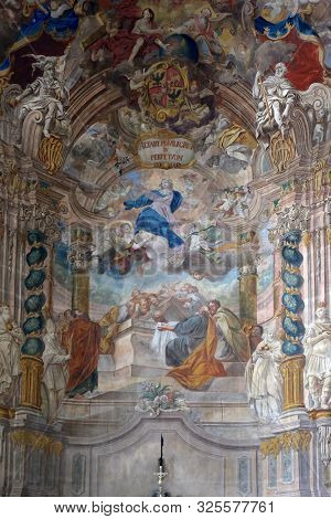SAMOBOR, CROATIA - MARCH 03, 2018: Assumption of the Virgin Mary altarpiece in the church of Assumption in Samobor, Croatia