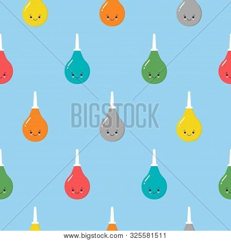 Seamless Pattern Of Cute Cartoon Enema. Medical Instruments . Blue Enema With A Plastic Tip. Vector 