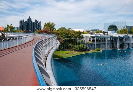 Poitiers, France - September 21 2010 : view from the bridge in Futuroscope, or Parc du Futuroscope, French amusement park