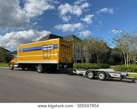 Orlando,fl/usa-10/3/19: A Penske Rental Truck Used To Move A Family To A New Home.  Penske Truck Ren