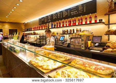 VENICE, ITALY - CIRCA MAY, 2019: interior shot of Farini restaurant in Venice.