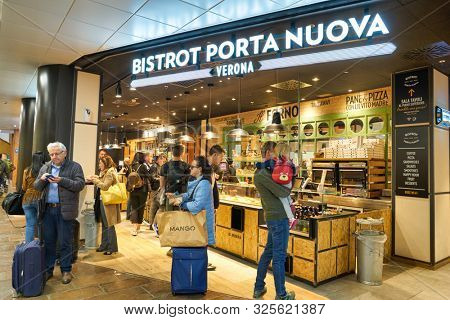 VERONA, ITALY - CIRCA MAY, 2019: people at Bistrot Porta Nuova in Verona Railway Station.
