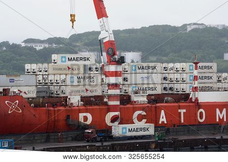 Container Terminal Commercial Seaport, Unloaded Container Ship Sevmorput - Russian Nuclear-powered I