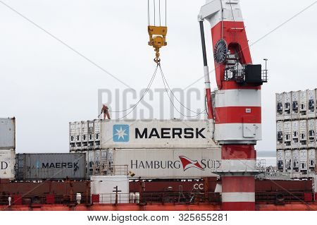 Crane Unloads Russian Container Ship Sevmorput - Nuclear-powered Icebreaker Lighter Aboard Ship Carr