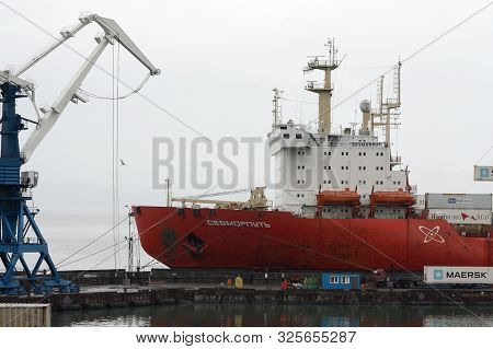 Russian Nuclear-powered Icebreaking Lighter Aboard Ship Carrier, Container Ship Sevmorput Anchored I